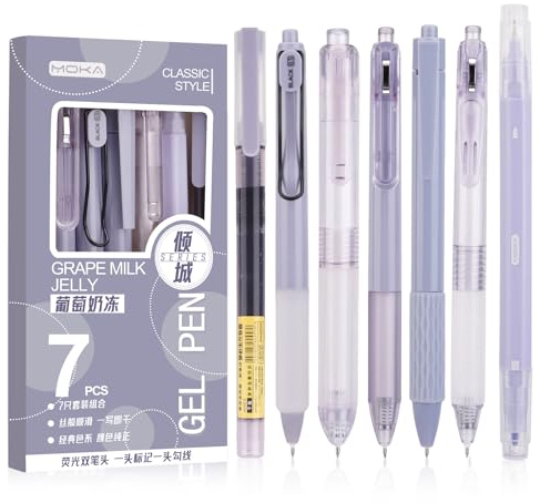 Partideal 14 Stück Gelschreiber, 0.5mm Gelschreiber Gel Stift, Aesthetic Gelstifte Schnell Trocknende Gel Pen, Retractable Kugelschreiber Stifte Fine Point Pen, Schwarz +Farbiger Textmarker Lila