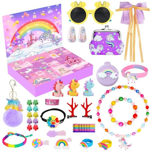 Adventskalender Einhorn 2024, 24 Tage Weihnachts Countdown Weihnachtskalender Mädchen Schmuck Adventskalender Spielzeug mit Haarschmuck Armbänder Ring Geldbörse Schlüsselanhänger Sonnenbrille