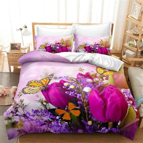 Tomifine Duvet Cover Set Rose Flower Printing Romantic Floral Bedding Set Flowers Pattern Duver Cover With Pillowcases Microfiber (Single 135x200 cm,Pink)