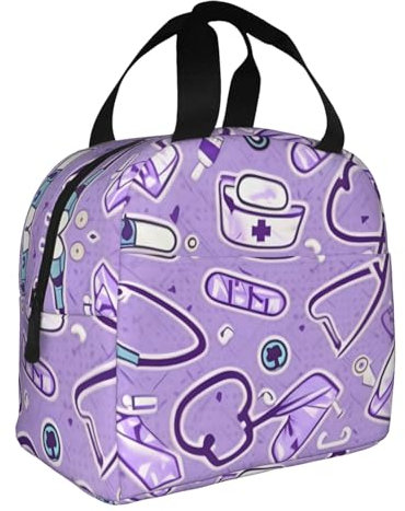 HJLUUFT Bolsa de almuerzo portátil con diseño de enfermera morada, bolsa térmica para lonchera Bento, ideal para adultos y niños pequeños