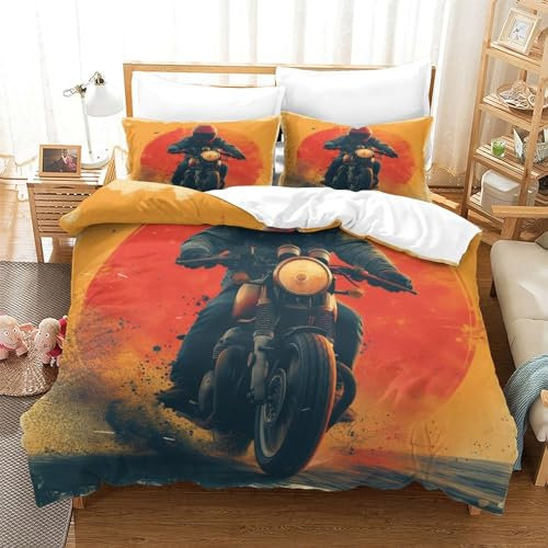 VUDBELAFC Motorrad Bettbezug Set Bettwäsche Kinderbettwäsche-Set Reißverschluss Mit Kissenbezug Betten Set Für Jugendliche Kinder Schlafzimmer Super King（260x220cm）