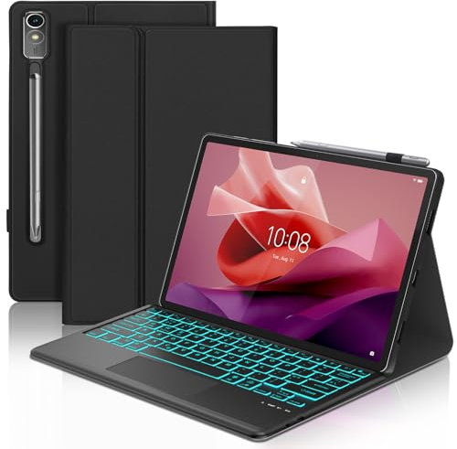 Keyboard Case with Touchpad for Lenovo Tab P12 12.7, Wireless Detachable Bluetooth Trackpad Keyboard with 7 colors Backlit and Stand Cover for Lenovo Tab P12 12.7 Inch 2023 Tablet, Black