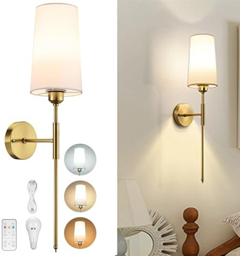 E27 USB Recargable Apliques de Pared con Mando a Distancia 5000mAh Batería Lámpara de Pared Regulable Bombillas de Carga y 3 Temperatura de Color Inalámbrico Interior Luz de Pared (Oro,1 Pieza)