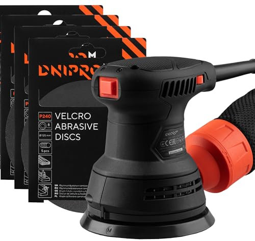 Lijadora excéntrica, 20 PCS Lija Dnipro-M PE-29S – 290W, 6 Velocidades, Ø125mm, Motor Potente, Sistema de Recogida de Polvo, Ideal para Madera, Metal y Piedra