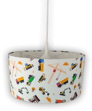 meineWunschleuchte Coole Stoff Hängelampe mit Baustellen Motiv fürs Kinderzimmer, bunt Ø 35cm