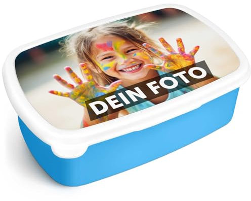 GRAVURZEILE Bedruckte Lunchbox - Foto - Personalisiert mit Namen & Foto - Brotdose für Kinder - Individuell bedruckt mit Wunschmotiv - Platzsparend stapelbar - Perfekt für Schule & Kita - Farbe: Blau