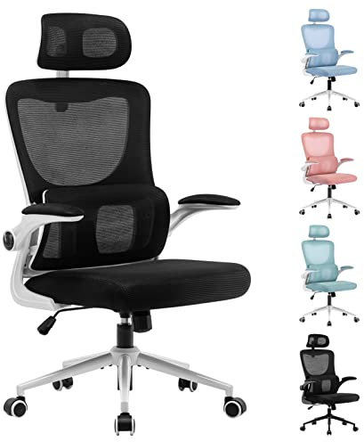 LIYURUI Ergonomischer Bürostuhl, Verstellbarer Schreibtischstuhl mit Kopfstütze/selbstadaptiver Lordosenstütze/gepolsterter hochklappbarer Armlehne, atmungsaktiv 125°wippfunktion 360°Drehstuhl, weiß