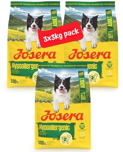 JOSERA Hypoallergenic (3 x 3 kg) | Adult | Premium Trockenfutter mit Insekten (Monoprotein) für Erwachsene Hunde mit Unverträglichkeiten | getreidefrei | hochverdaulich | bei Allergien | 3er Pack