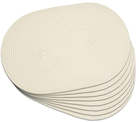 Noctiflorous Oval Braided Placemats Set of 8 Woven 12x18 Inch Non Slip Washable Heat Resistant Place Mats Round Tablemats for Dining Kitchen Party Daily Table Decor Dinner Mats (Plain White, 8)