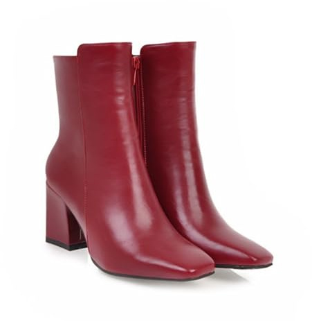 OTMYIGO Stivali da Donna con Tacco Alto e Grosso, Stivaletti alla Caviglia con Cerniera e Punta Quadrata, Scarpe Casual Formali,Rosso,44 EU