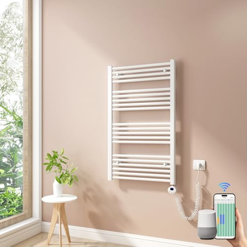 Heilmetz Smart WiFi Badheizkörper Elektrisch 100x60cm Elektrischer Handtuchtrockner mit Thermostat und Timer-Funktion Gerade Handtuchheizkörper Weiß 500W