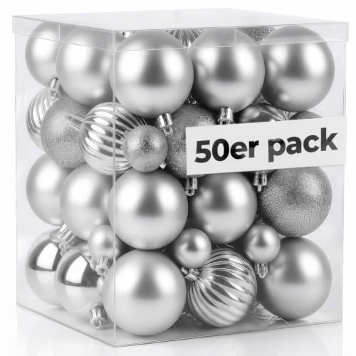 4smile Weihnachtskugeln 50 Stück mit 4 Designs glänzend matt glitzernd Kürbiskugeln 3 4 6cm edle Christbaumkugeln hochwertige Weihnachtsdeko für Festtage, Silber