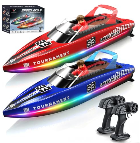 YESHIN Ferngesteuertes Boot 2er Pack, 15km/h RC Boot mit LED Licht | 4 Batterien, 2,4 GHz Fernsteuerung, Wasserdicht & Kentersicher, Geeignet für Pool & Seen, Geschenk für Kinder 8+ & Erwachsene