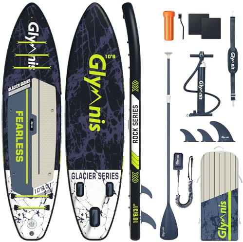 Glymnis Sup Board Stand Up Paddling Board Gonflable Stand Up Paddle Board Set 10'6 320x80x15cm 6 Pouces d'épaisseur avec Pompe à air à pagaie en Aluminium et Accessoires complets