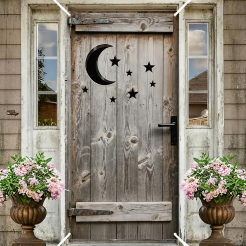PRESSINART Plumpsklo Türabdeckung 71 x 35 Zoll Türabdeckung Banner Mond Stern Western Design Polyester Wild West Land Vintage Hintergrund Fotografie Banner Für Wand Innen Außen Hausparty Dekorationen