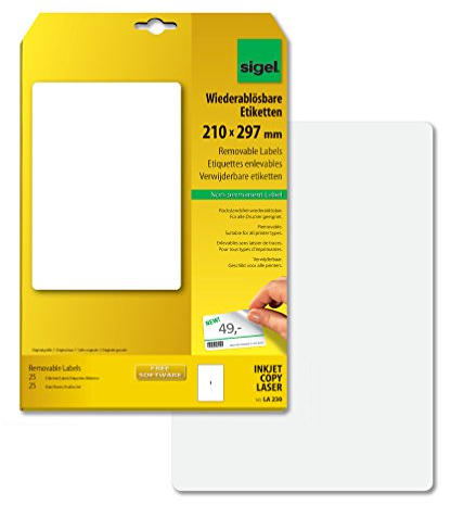 SIGEL LA230 Etiketten selbstklebend, bedruckbar, wieder rückstandsfrei ablösbar, weiß, 210 x 297 mm (A4), 25 Etiketten = 25 Blatt, abgerundet