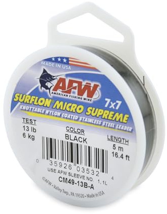 American Fishing Wire Surflon Micro Supreme, Nylon Coated 7x7 Stainless Steel Leader Wire, 13 lb Test, .013 Diameter, Black, 5 m