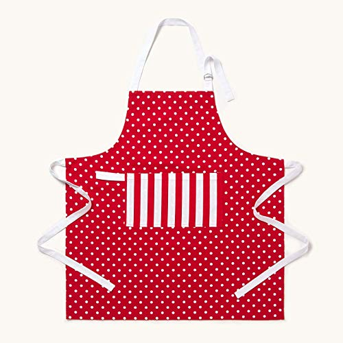 Homescapes Rote Küchenschürze ‚Polka Dots‘ aus 100% Baumwolle, verstellbare Schürze mit Tasche, rot-weiße Kochschürze waschbar