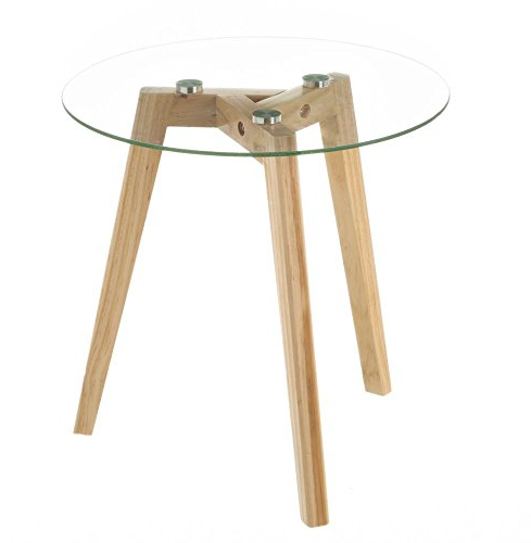 LOLAhome - Mesita Auxiliar de 3 Patas de Madera marrón nórdica y Vidrio Templado Redondo de 40 cm para salón
