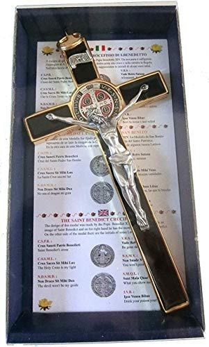10.004.21 - Crucifijo negro de oro y oro de San Benito, 20 cm, esmaltada a mano, con caja de regalo