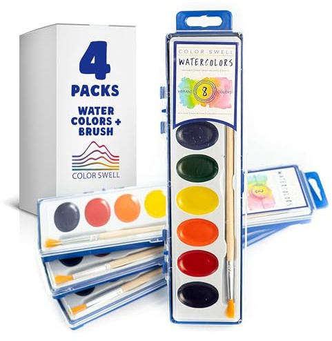 Color Swell Bulk Watercolours, 4 Pack, 8 Colors, Wood Brushes