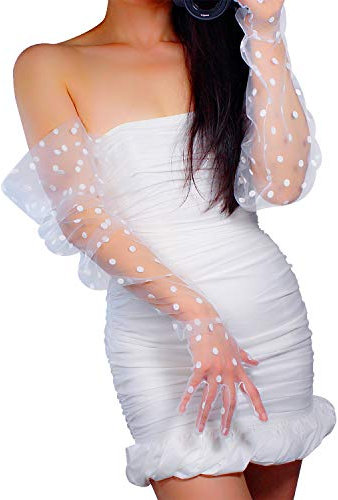 DooWay Super Long Tulle Sheer Gloves Touchscreen Lace Polka Dot Oversize for Women Evening Dress Party, Oversize White, Large