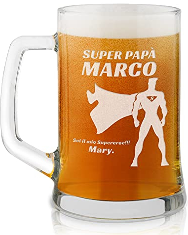 Maverton Boccale per la Birra in vetro con personalizzazione - capienza 500 ml - H12 cm x Ø8,5 cm - ottima idea regalo per le feste perfetto per ogni uomo amante della buona Birra - super papà