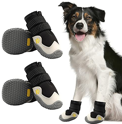 AQH Hundeschuhe, 4 Stück Atmungsaktive Stiefel für Hunde mit reflektierenden Riemen, Mikrofaser Leder Gummi Rhombische Sohle Hundepfotenschutz (B, 4#)