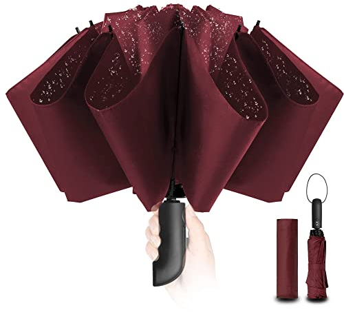 Conlun Parapluie inversé Compact Rouge- Résistant aux intempéries, Parapluie Pliant Automatique Coupe-Vent, Parapluie Homme Revêtement en Tissu 210T, Portée 105 cm, 10 Sections - Cadeaux Noel