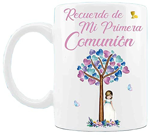Taza Comunión niña árbol| Recuerdo Mi Primera Comunión, taza cerámica con impresión de niña con árbol 8 x 9,5 cm| Recuerdo comunión para invitados| Arguval