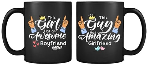 Valentines Day Funny Couples Tea/Coffee Mug Set, This Guy/Girl Has an Awesome/Amazing Girlfriend/Boyfriend Novelty Mug, Unique Ceramic Black Satin Cup/Mug.
