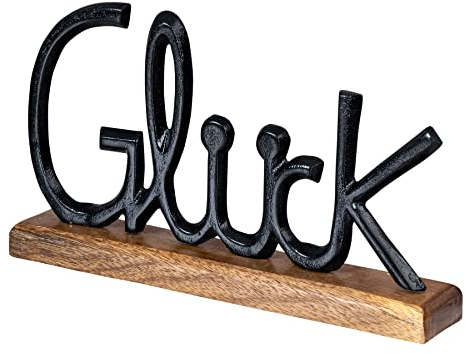 levandeo Schriftzug Glück L30cm Metall Schwarz Mango Holz Deko Aufsteller Tischdeko Wohndekoration Happy Geschenk