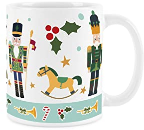 Purely Home Nutcracker, Holly & Rocking Horse Mug Green Design - White Christmas Festive Coffee/Tea Gift 11oz