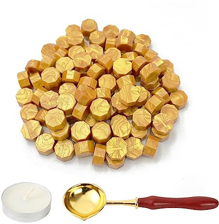 LICQIC Lot de 100 Perles de Cire à Cacheter Octogonales avec 1 Bougies Chauffe-plat et 1 Cuillère à Fondre, vernis à Cacheter pour Sceau de Cire
