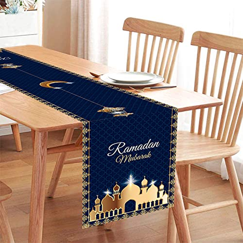 Eid Ramadan Mubarak Tischläufer, Blau Gold Ramadan Stern Mond Tischwäsche, Polyester Tischdecke Dekor für Islamic Muslim Party Dekorationen, 35x180cm