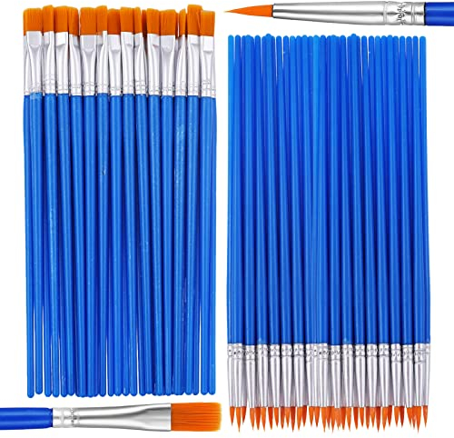 Bremorou Lot de 50 pinceaux ronds et 20 pinceaux plats, poils en nylon, bleu clair, pour peintures acryliques, aquarelle, huile, toile, miniature, céramique, peinture d'art et d'artisanat