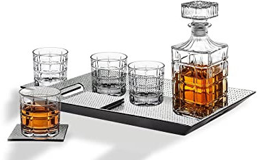 Whiskey Decantur Radius 10 Piece Decanter Whiskey Entertaining Set with 4 Double Old Fashion Glasses, Serving Tray, & 4 Coasters for Liquor, Scotch, Bourbon, Vodka, or Gifts - 34oz