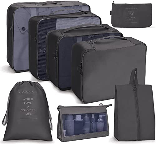 Koffer Organizer Set 8-teilig, Kofferorganizer Packing Cubes Set für Reise, Packwürfel für Rucksack, Packtaschen Set mit Kosmetiktasche, wasserdichte Schuhe Beutel, Travel Essentials