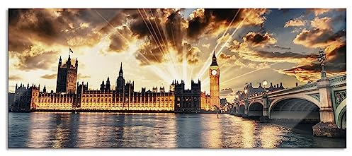 Pixxprint Glasbild Panorama, Wandbild aus Echtglas, Big Ben am Abend, 100x40 cm, inkl. Aufhängung und Abstandshalter