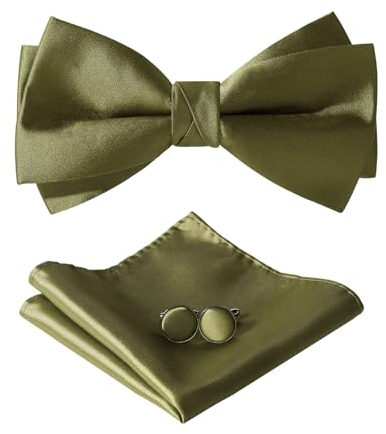 HOULIFE Fliege Herren Set - Verstellbare aus Satin Polyester Vorgebunden Fliege, einfarbige Einstecktuch, Manschettenknöpfe Set für Bräutigam Hochzeit formal mit Geschenkbox (Olivgrün)