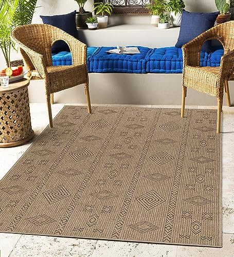 Carpettex Outdoor Teppich Wetterfest 140 x 200 cm Sisal & Jute Optik Natur - Ideal für Balkon, Garten, Terrasse und als Küchenteppich - Teppich Waschbar, Wasserfest, Pflegeleicht, Vintage Design