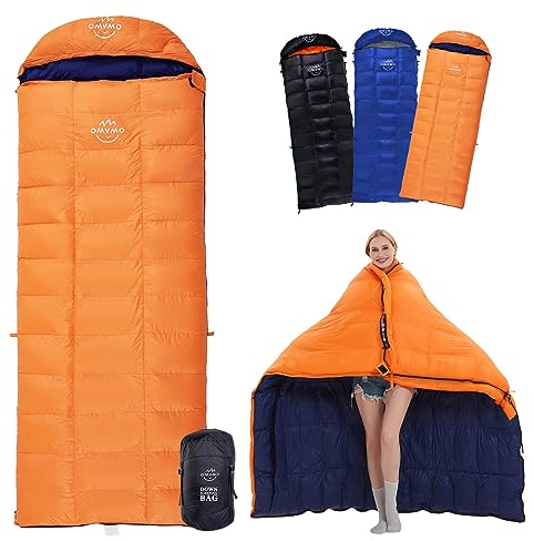 OMVMO Daunenschlafsack für Erwachsene, leicht, 4-Jahreszeiten-Umschlag, rechteckig, für Rucksackreisen, Camping, Orange, Reißverschluss rechts, regulärer Reißverschluss