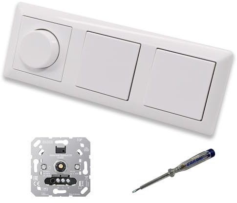 EBROM SET IDEE: JUNG 1730DD LED Dimmer + 2 x Lichtschalter 506U alpinweiß | Dimmer + Dimmerscheibe A1740WW und 2 x Lichtschalter 506U in alpinweiß glänzend + EBROM Phasenprüfer zur Montage der Geräte