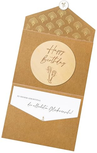 Joli Coon Happy Birthday Holzscheibe mit Klappkuvert und Siegelaufkleber - Geburtstagskarte Holz - Geldgeschenk Geburtstag Holz