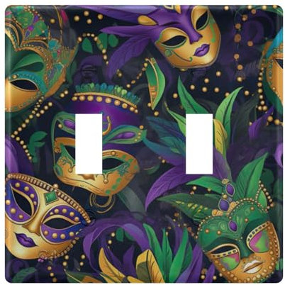 Cache d'interrupteur décoratif - Masques de Mardi Gras et perles dorées - Double prise murale - Pour cuisine, salle de bain, chambre à coucher