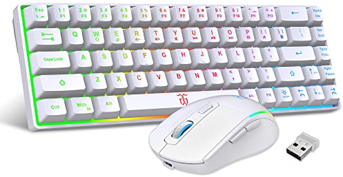 Snpurdiri 60% Tastatur Maus Set Kabellos, LED-Beleuchtung, wiederaufladbare 2000mAh Batterie Small Mini 60 Prozent Wireless Gaming Combo, Ergonomisches Design 6D 3200DPI Maus (Weiß)