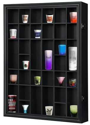 Odjaraye Shot Glass Display Case, 34 Shot Glass Holder Display Case for Wall, Shot Glass Rack Organizer Display Cabinet Lockable with 98% UV Protection Acrylic Door and Removable Shelf, Black