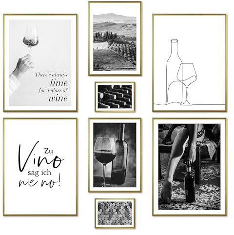 ARTFAVES® Poster Set - WINE TIME - mehrteilige Wanddeko Wohnzimmer & Küche & Esszimmer - 8 moderne Wandbilder Wein, zu Vino sag ich nie no, schwarz weiss, mit Rahmen Gold