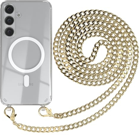EAZY CASE - Handykette kompatibel mit Samsung Galaxy S24 Plus Kette zum Umhängen Stoßfest Handyhülle für Galaxy S24 Plus Silikon Hülle mit Band aus Metall Handytasche Transparent Fallschutz in Gold