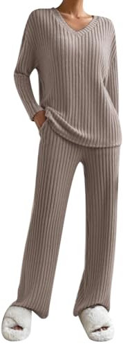 AGYMNX Schlafanzug Damen Lang Pyjama Set Baumwolle Lange �rmel Gestricktes Yoga-Sets mit V-Ausschnitt 2 St�ck Slim Fit Gem�tliche Nachtw�schee mit Taschen Sportanzug Trainingsanzug Dunkelkhaki L